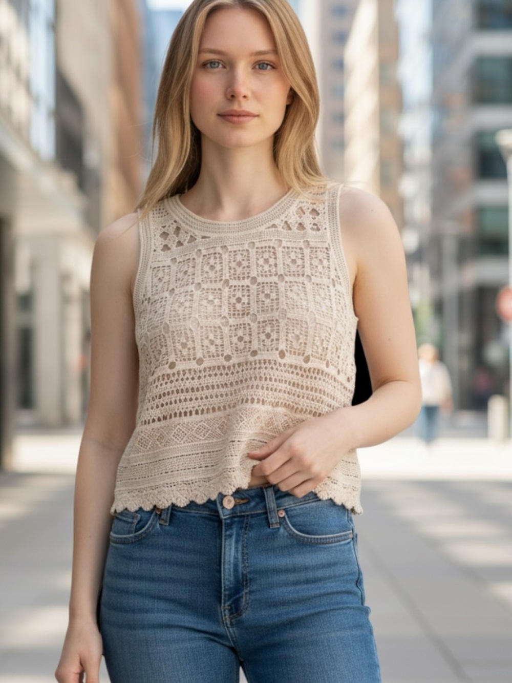 Acemi Crochet Tank Top Cream 100% Cotton Openwork Lace Boho Cottagecore Small